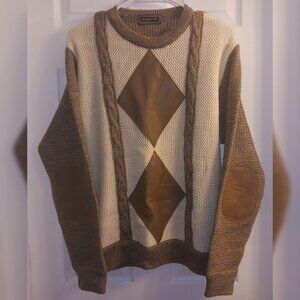 Vintage Saxony Leather & Wool Sweater Coogi Style Ivory & Tan Diamonds M